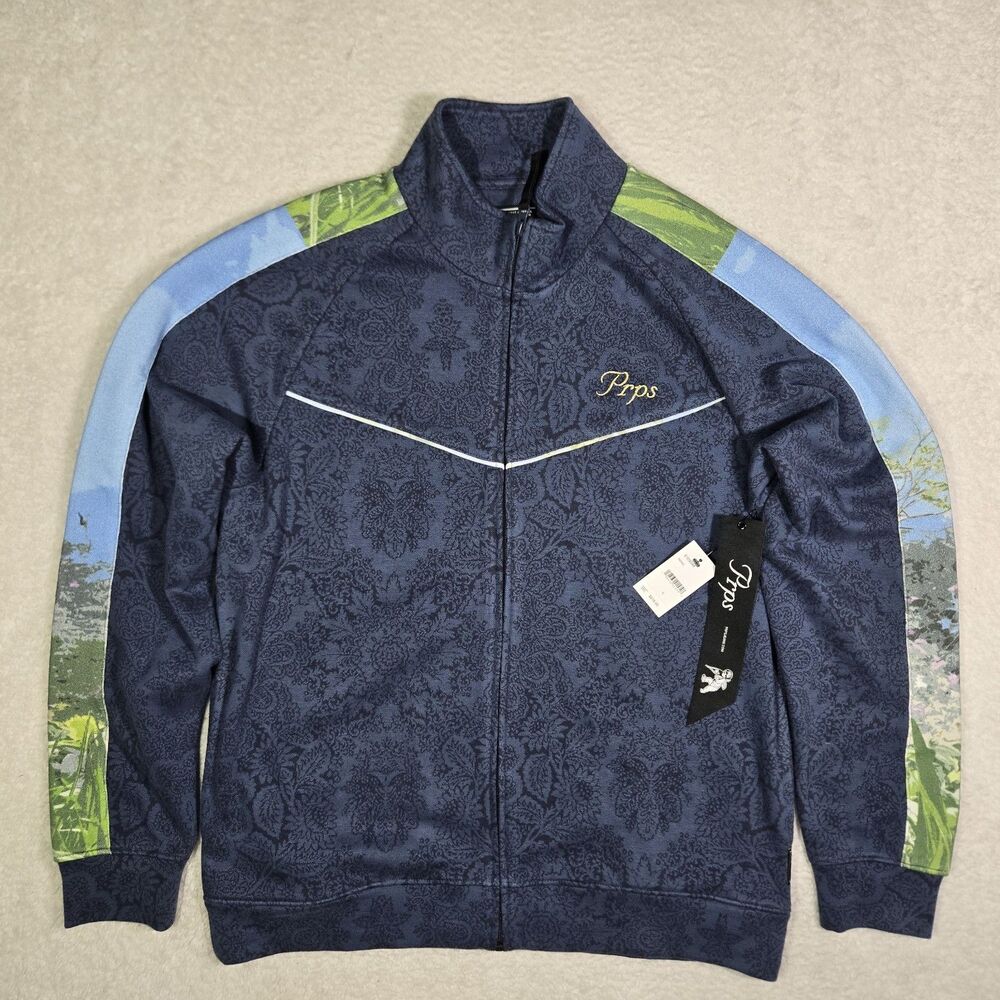 $218 PRPS Japanese Mens Large Full Zip Track Jacket Floral Blue Green Nature Sky